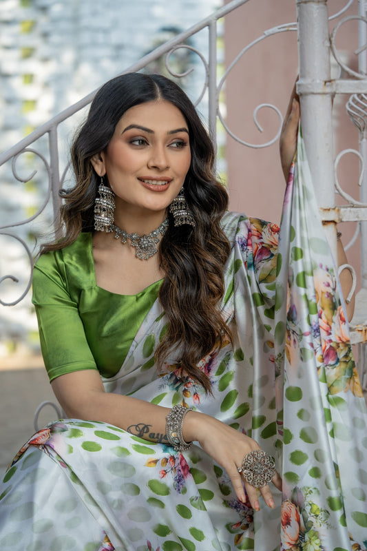 Original Japan Satin  Olive Green Saree with Elegant Digital Floral Print