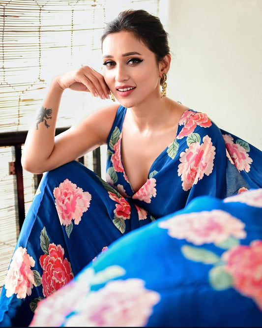 Original Japan Satin Blue Saree with Elegant Pink Flower Digital Print