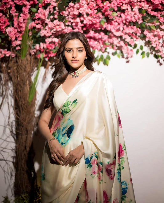 Original Japan Satin White Saree with Elegant White Flower Digital Print
