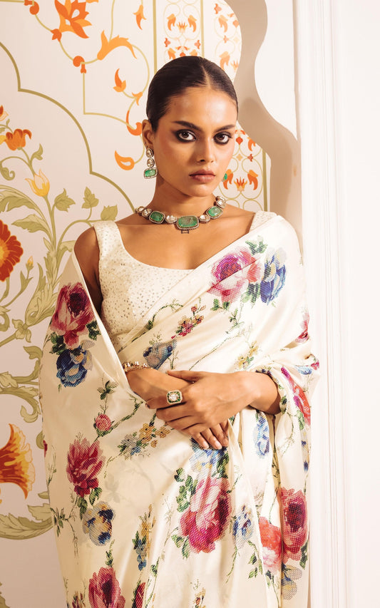 Original Japan Satin White Saree with Elegant White Flower Digital Print