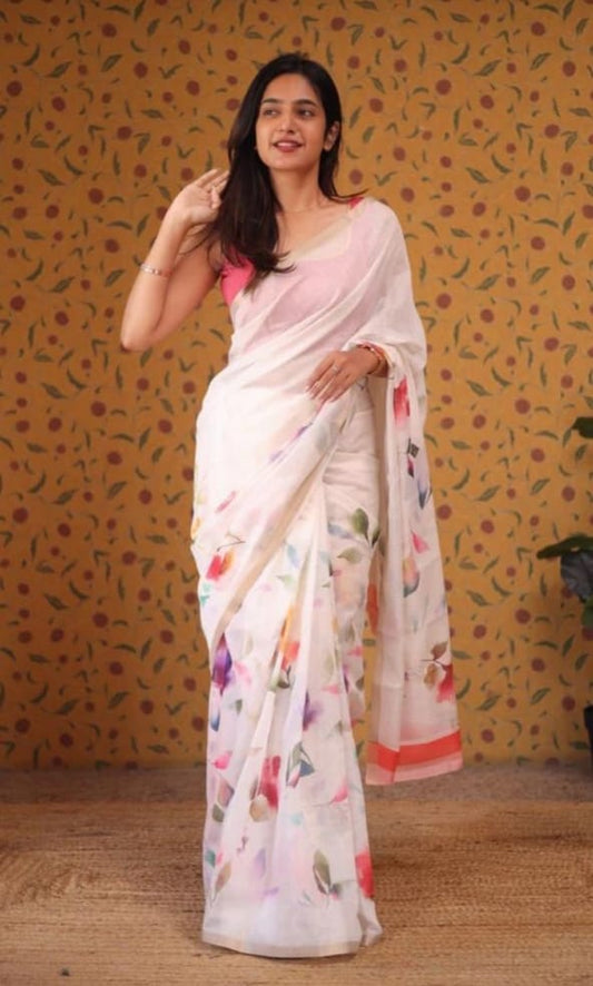 Premium Linen White-Pink Saree with Artistic Digital Print