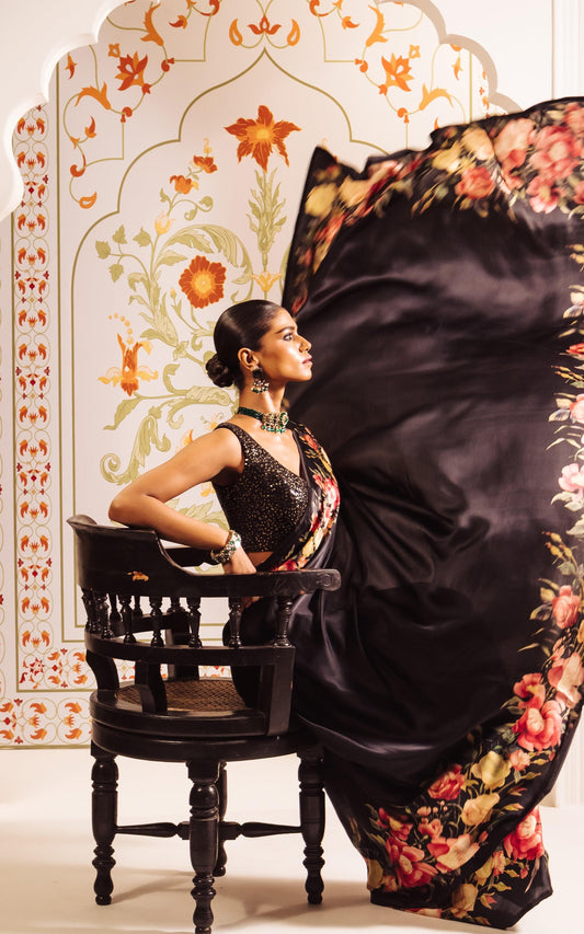 Ivory Satin Saree with Vibrant Floral Border