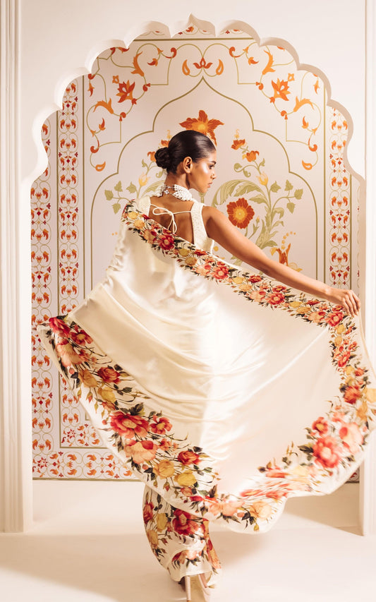 Ivory Satin Saree with Vibrant Floral Border