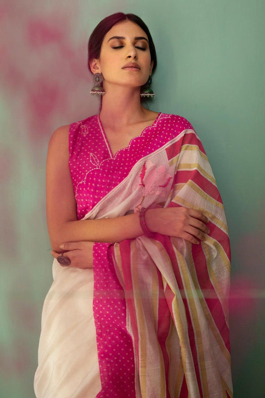 Premium Linen Off-White Pink Saree with Artistic Digital Print & Cut Work Border