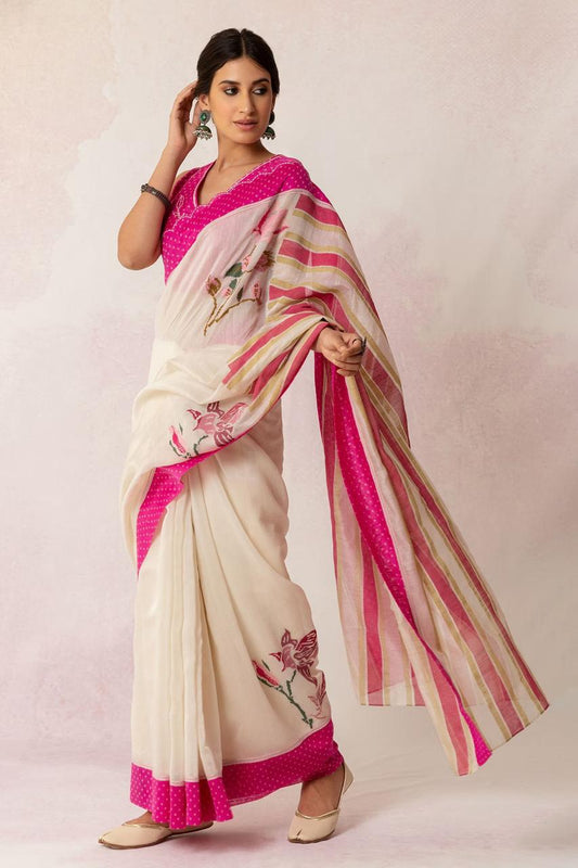 Premium Linen Off-White Pink Saree with Artistic Digital Print & Cut Work Border