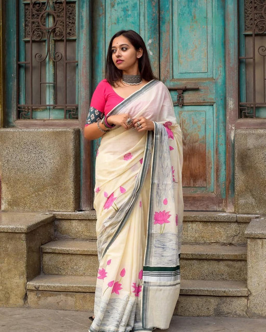 Premium Linen  Lotus Saree with Artistic Digital Print