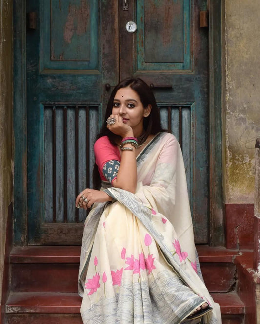 Premium Linen  Lotus Saree with Artistic Digital Print