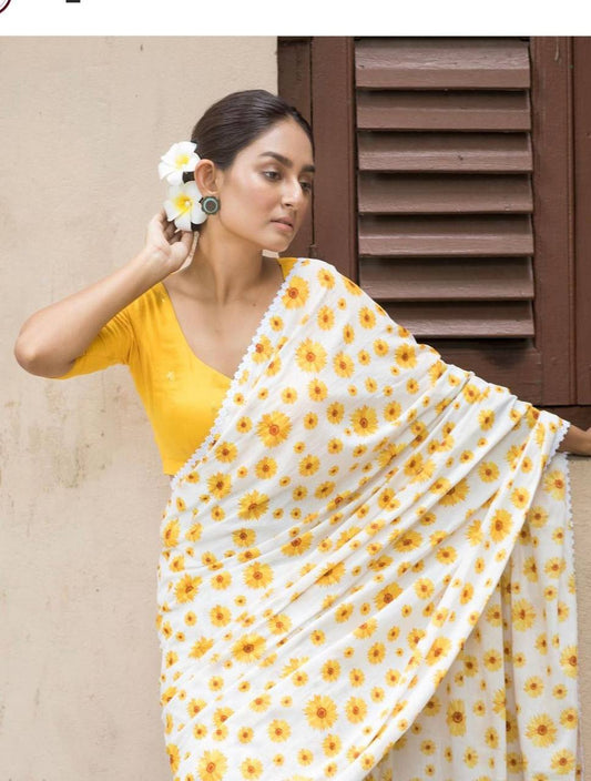 Premium Linen Saree with Sunflower Digital Print and Lace Border – Yellow