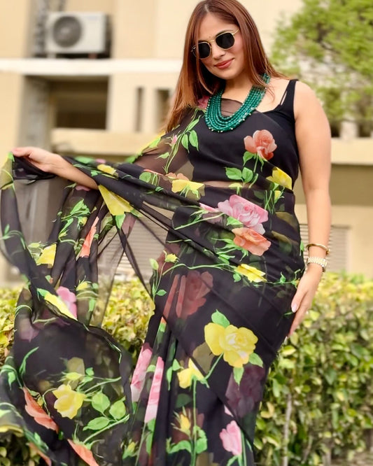 Rosabella Noir Multicolor Floral Georgette Saree with Matching Blouse