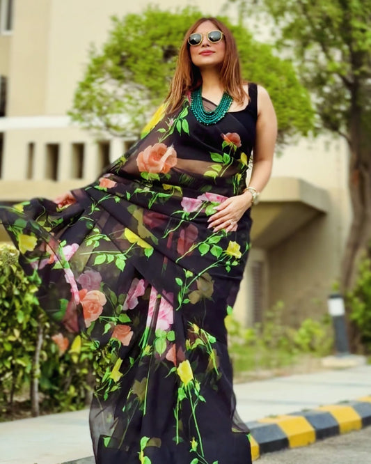 Rosabella Noir Multicolor Floral Georgette Saree with Matching Blouse