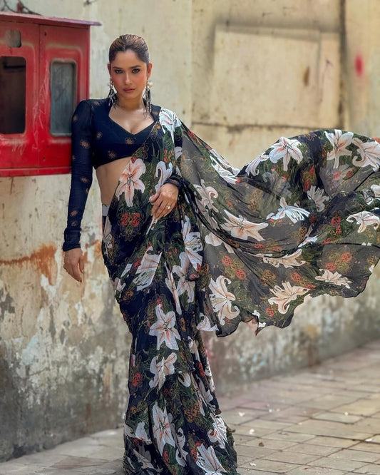 Midnight Bloom Digital Print Georgette Saree