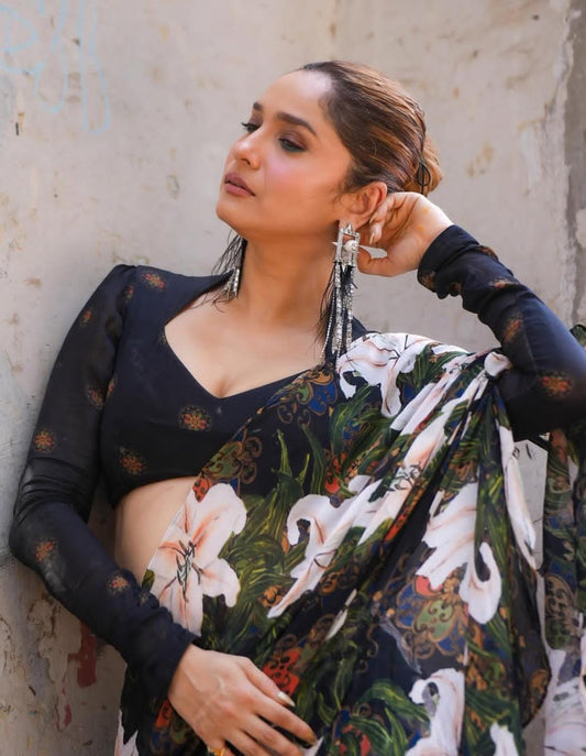 Midnight Bloom Digital Print Georgette Saree