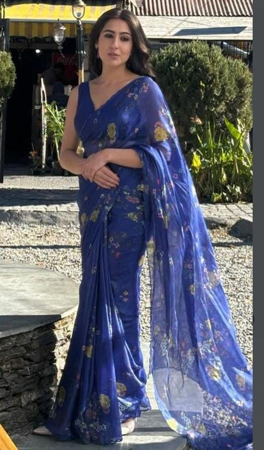 Premium Linen Blue Saree with Artistic Digital Print & Cut Work Border