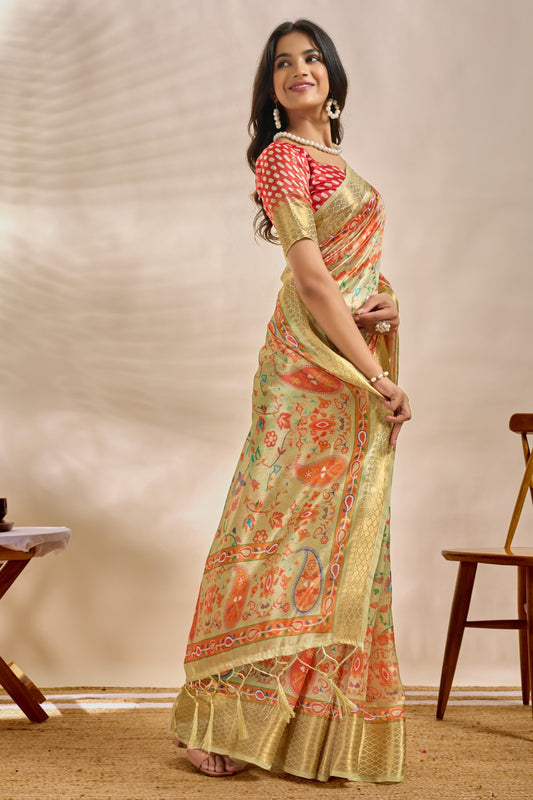 Gold Soft Silk Blend Saree with Designer Digital Print