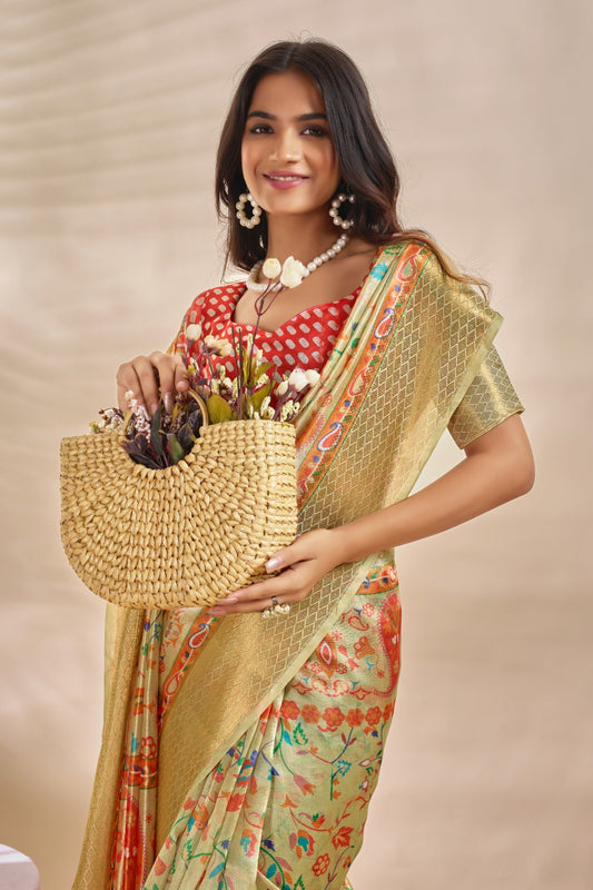 Gold Soft Silk Blend Saree with Designer Digital Print