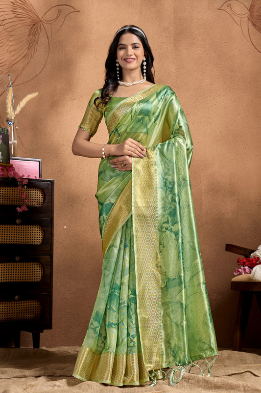 Green Soft Silk Blend Saree with Golden Zari Border