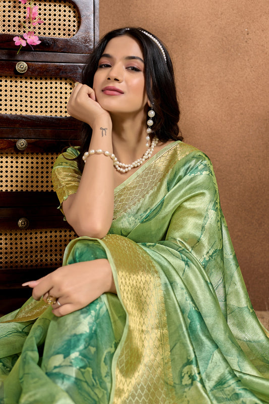 Green Soft Silk Blend Saree with Golden Zari Border