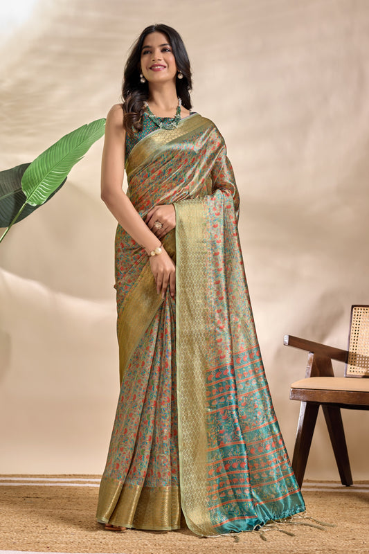 Olive Green Soft Silk Blend Saree with Teal and Copper Traditional Pallu