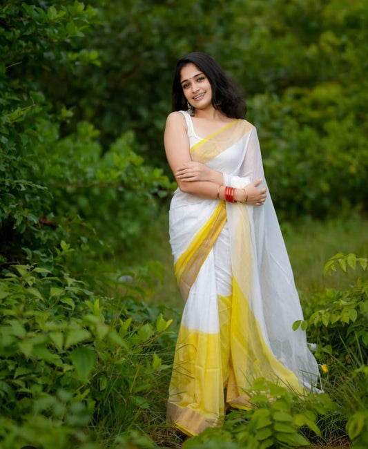 Ethereal Glow Linen Saree with Gold Jari Border