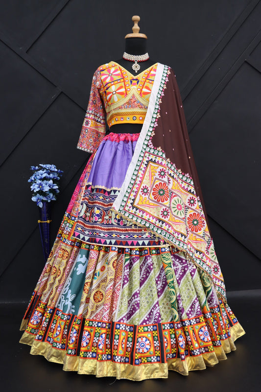 Designer Butter Silk Lehenga Choli Set Multicolor Patchwork | Digital Print, Real Mirror & Pearl Lace