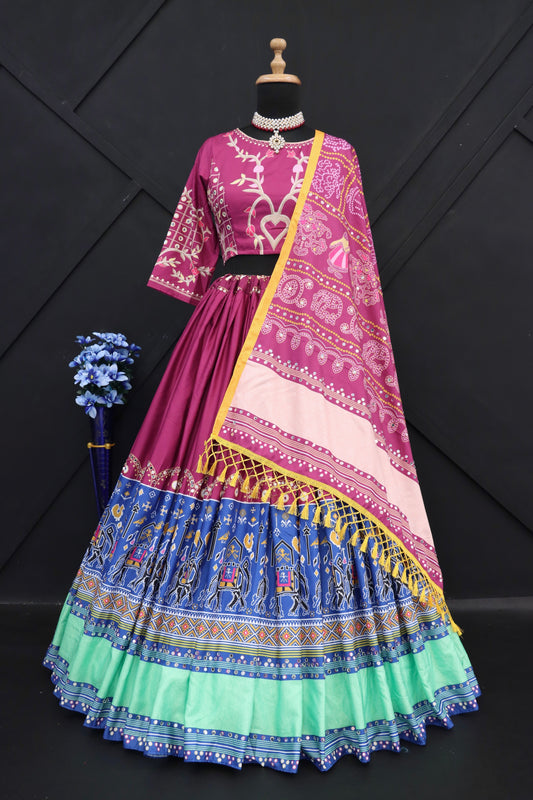 Designer Butter Silk Lehenga Choli Set Purple Multi | Digital Print, Real Mirror Work