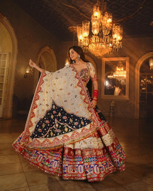 Designer Butter Silk Lehenga Choli Set Black Red Multi | Digital Print, Real Mirror Work