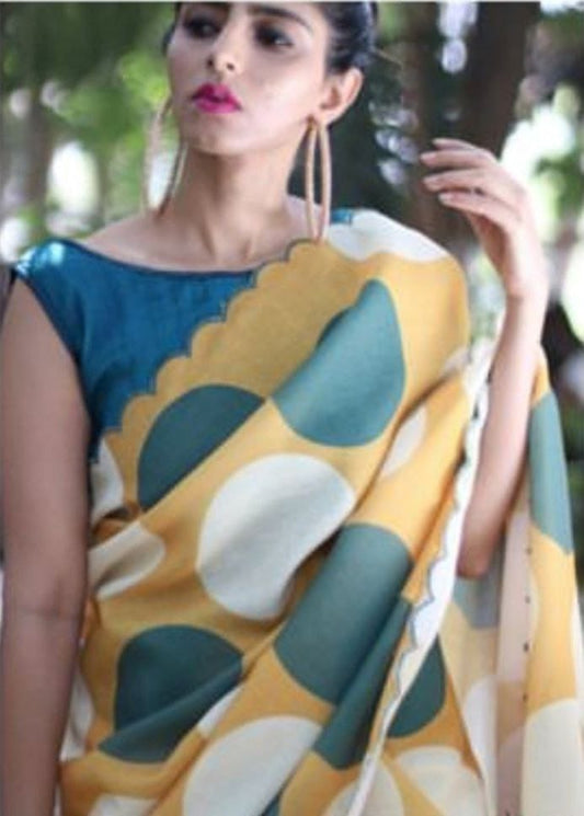 Premium Linen Yellow Saree with Artistic Digital Print & Cut Work Border
