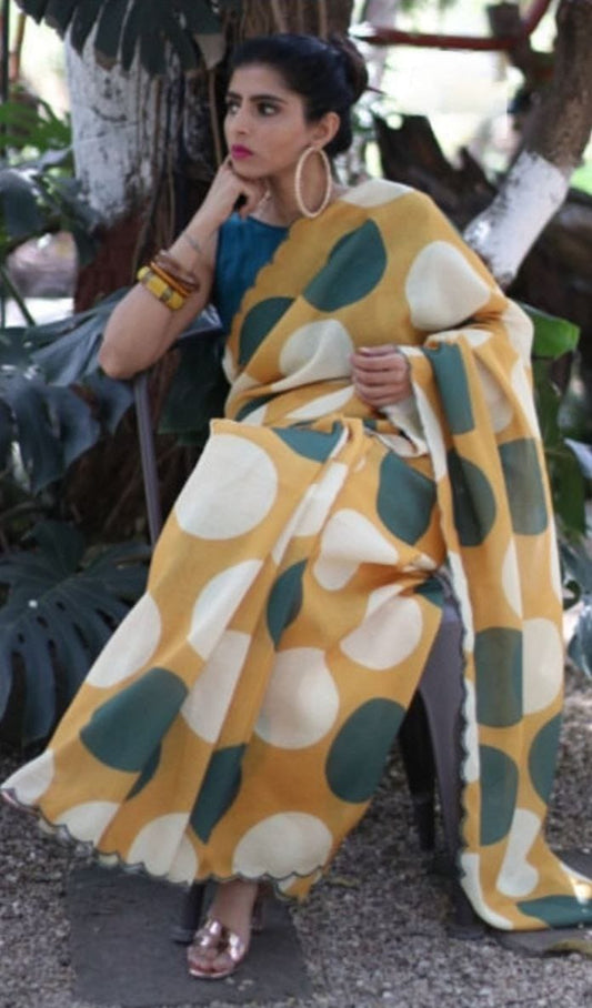 Premium Linen Yellow Saree with Artistic Digital Print & Cut Work Border