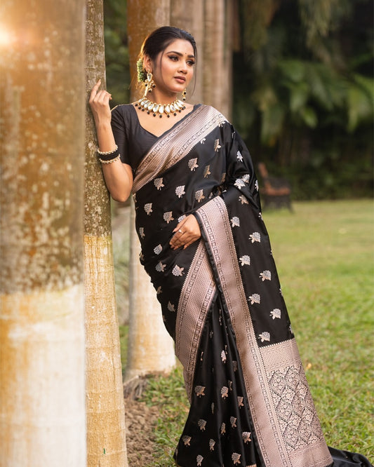Elegant Black Banarasi Soft Silk Saree with Silver Zari Work
