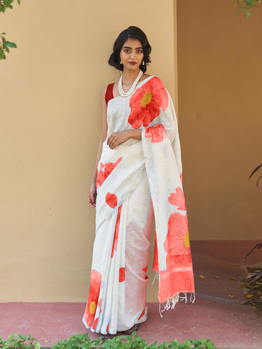 Linen Saree with Floral Digital Print & Satin Blouse