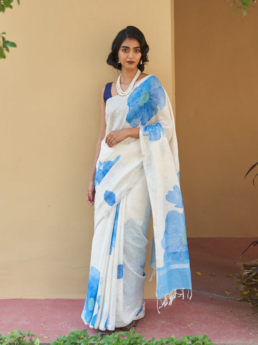 Linen Saree with Floral Digital Print & Satin Blouse