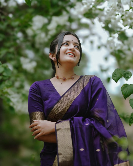 Purple Soft Cotton Silk Saree with Golden Jacquard Border