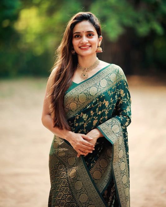 Rich Green Banarasi Soft Silk Saree with Gold Zari Weaving