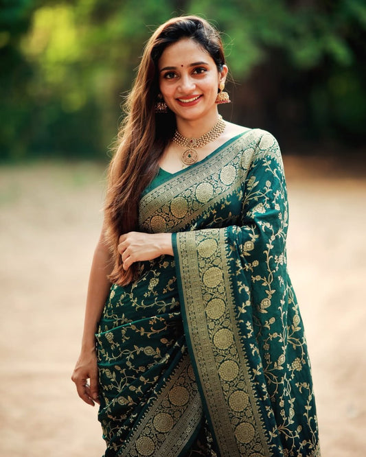 Rich Green Banarasi Soft Silk Saree with Gold Zari Weaving