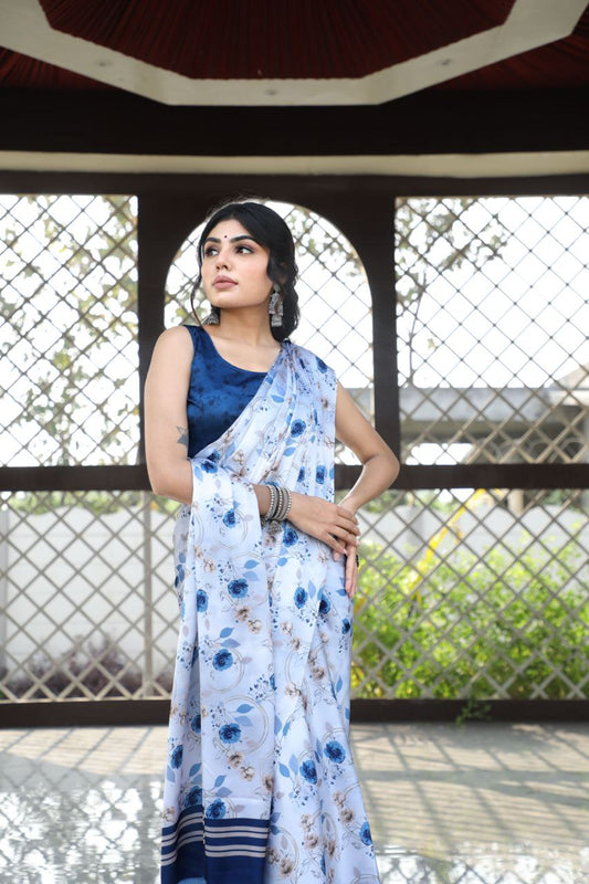 Original Japan Satin White-Blue Saree with Elegant Blue Floral Digital Print