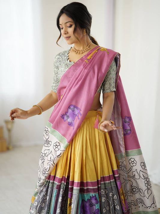 Tussar Silk Kalamkari Print Lehenga Choli Set with Lace & Tassel Dupatta