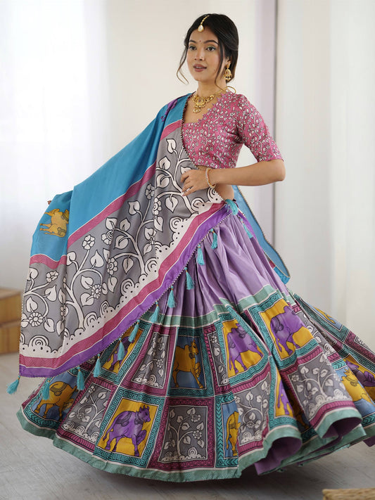 Tussar Silk Kalamkari Print Lehenga Choli Set with Lace & Tassel Dupatta