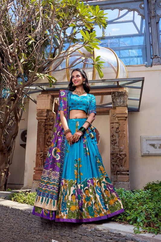 Tussar Silk Kalamkari Lehenga Choli with Embroidered Blouse & Tassel Dupatta