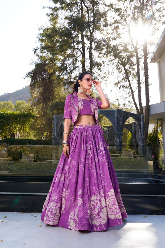 Tussar Silk Floral Print Lehenga Choli Set with Stylish Koti