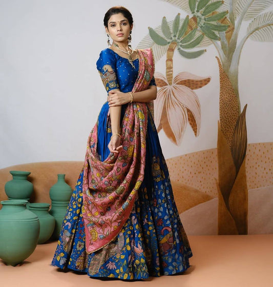 Chinon Kalamkari Print Lehenga Choli Set with Dupatta