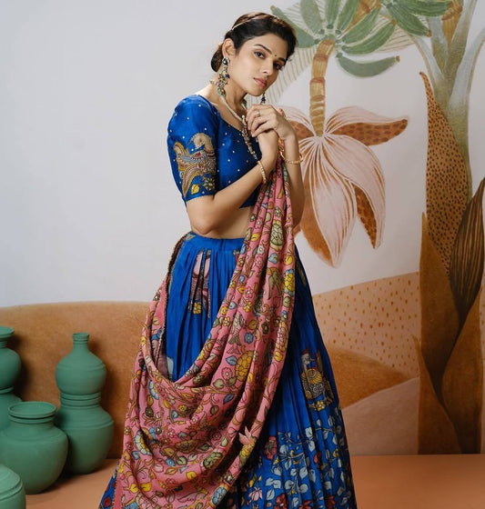 Chinon Kalamkari Print Lehenga Choli Set with Dupatta