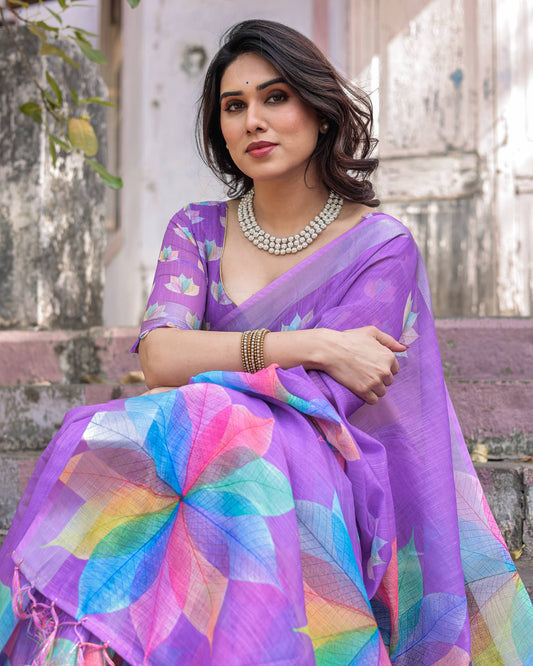 Vibrant Lavender Linen Cotton Saree with Multicolor Floral Print