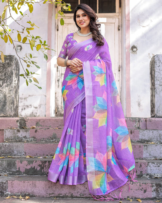 Vibrant Lavender Linen Cotton Saree with Multicolor Floral Print