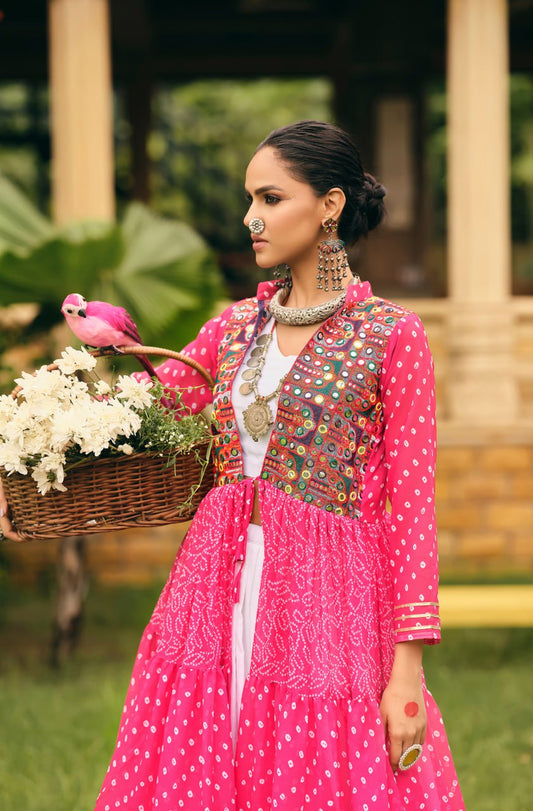 NAVRATRI SPECIAL – SHRUG, BLOUSE & LEHENGA SET IN FAUX GEORGETTE & RAYON WITH BANDHANI PRINT & EMBROIDERY WORK