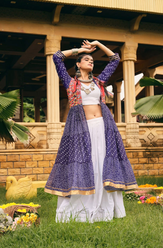 NAVRATRI SPECIAL – SHRUG, BLOUSE & LEHENGA SET IN FAUX GEORGETTE & RAYON WITH BANDHANI PRINT & EMBROIDERY WORK