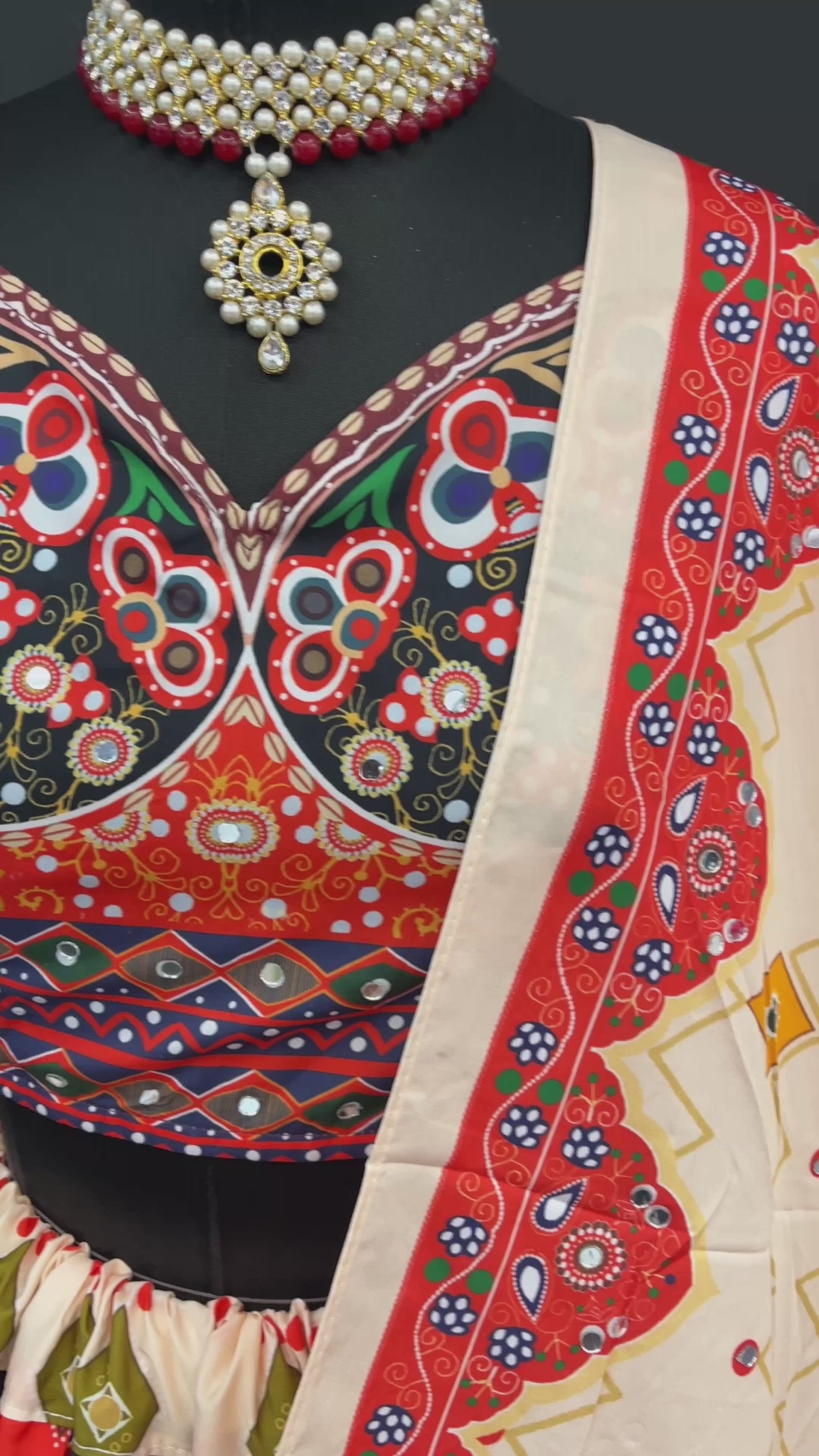 Designer Butter Silk Lehenga Choli Set Black Red Multi | Digital Print, Real Mirror Work