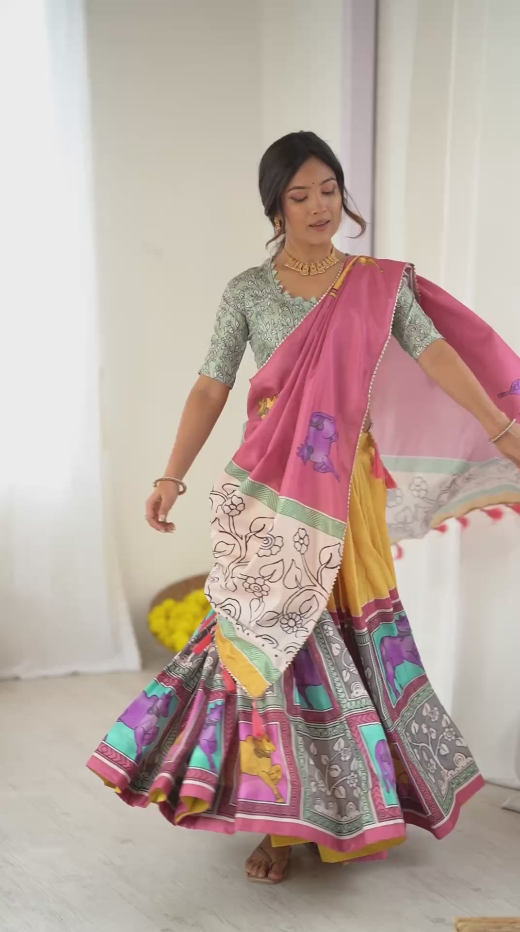 Tussar Silk Kalamkari Print Lehenga Choli Set with Lace & Tassel Dupatta