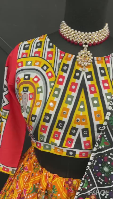 Designer Chinon Silk Lehenga Choli Set Black & Rust Multi | Digital Print, Real Mirror Work