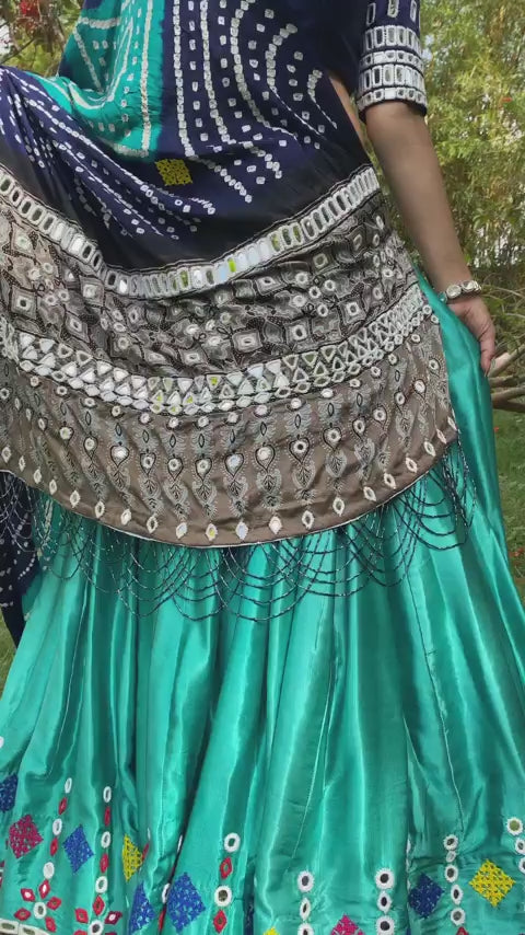 Designer Chinon Silk Lehenga Choli Set Navy & Teal | Digital Print, Real Mirror Work