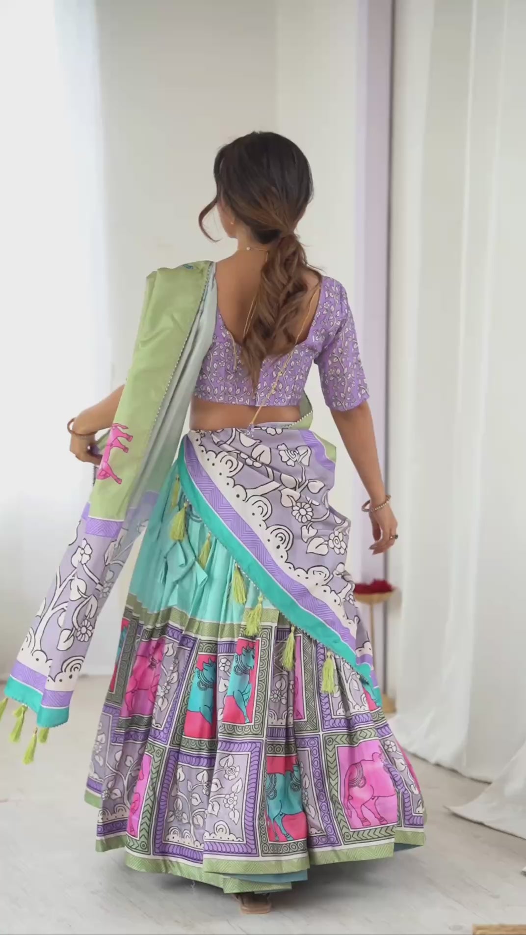 Tussar Silk Kalamkari Print Lehenga Choli Set with Lace & Tassel Dupatta